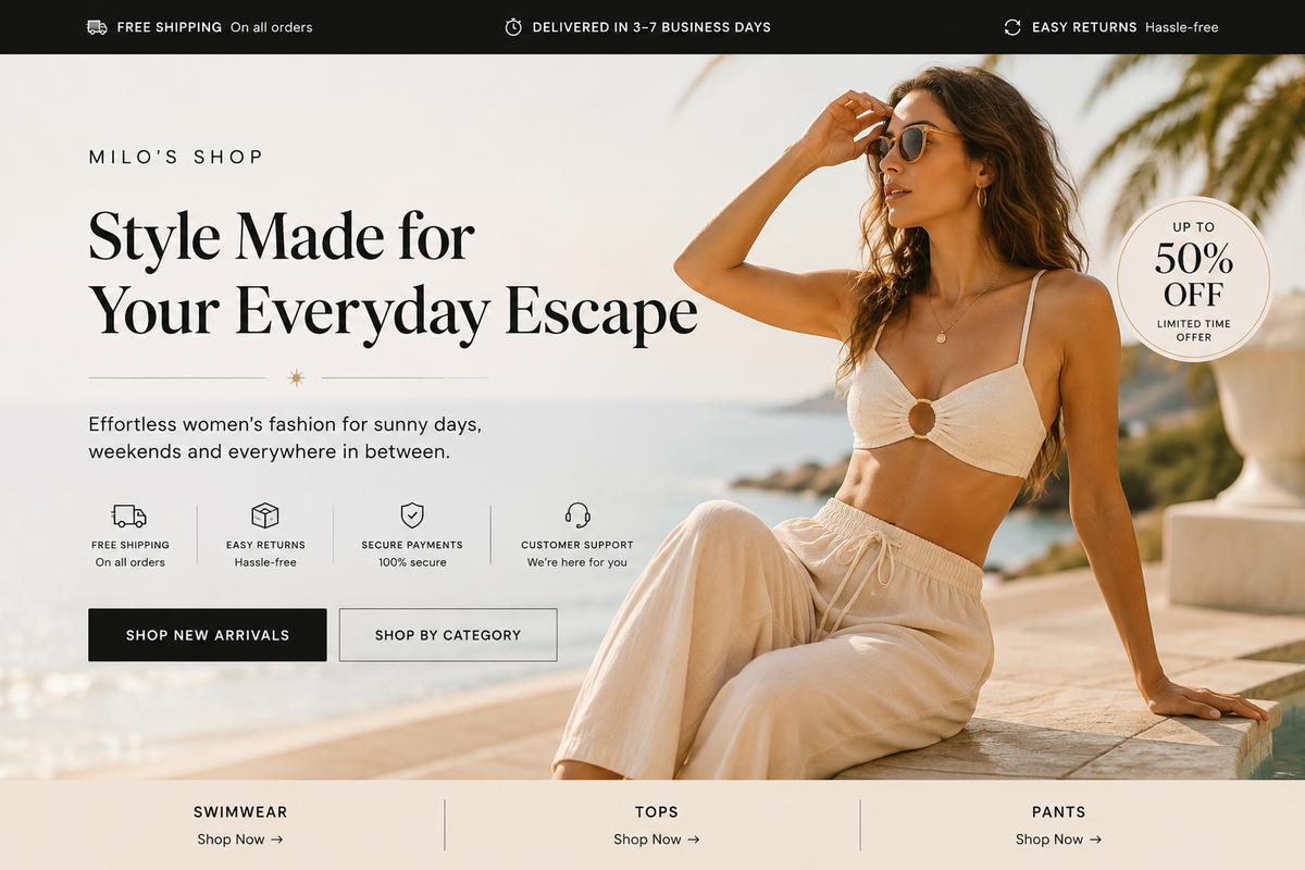 A promotional storefront banner for Milo's Shop featuring a woman sitting on a beach wearing a cream-colored swimwear set. The left side contains promotional text, including 'Style Made for Your Everyday Escape' and '50% OFF', with icons for free shipping, delivered in 3-7 business days, and easy returns.